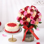Red Velvet Cake N Dreamy Roses Arrangement