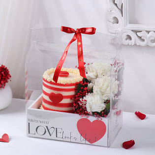 Red Velvet Cake N White Carnations Love Box