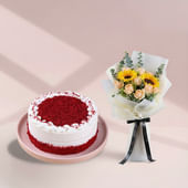 Red Velvet Cake With Mixed Flowers Bouquet
