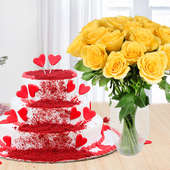 Red Velvet Felicitation - A combo gift of 3 tier red velvet cake and yellow roses