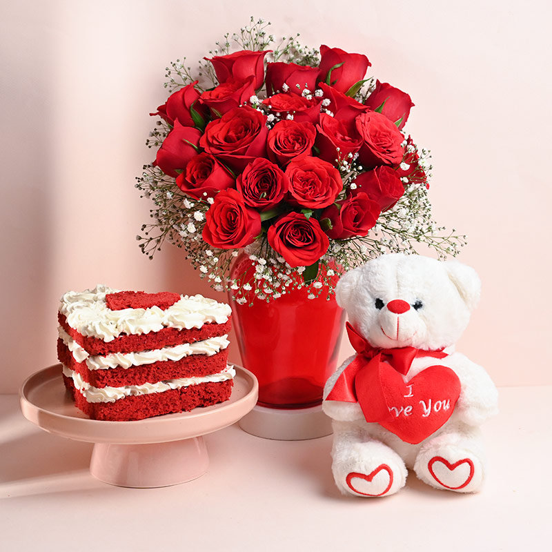 Red Velvet Cake Teddy Bear N Roses Combo
