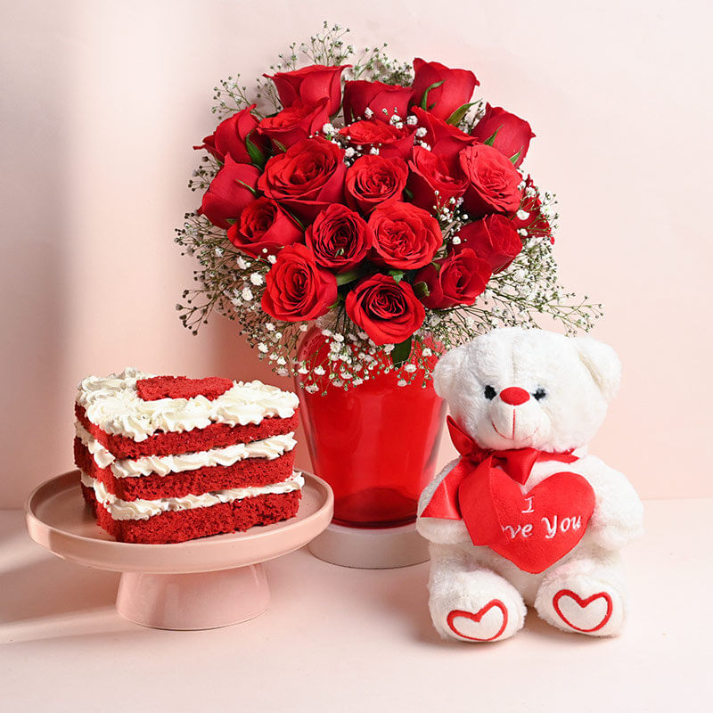 Red Velvet Cake, Teddy Bear And Red Roses Bouquet 