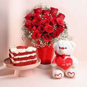 Red Velvet Cake Teddy Bear N Roses Combo