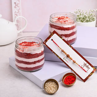 Red Velvet Jar Cakes N Rudraksh Rakhi