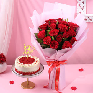 Red Velvet Love Cake N Red Roses Bouquet
