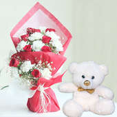 Red White Combo - 12 Inch Teddy with Bouquet of 10 Red Roses and 10 White Carnations