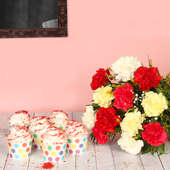 Reddish Cream Combo - Bunch of 12 Mixed Carnations with 6 Red Velvet Cup Cakes