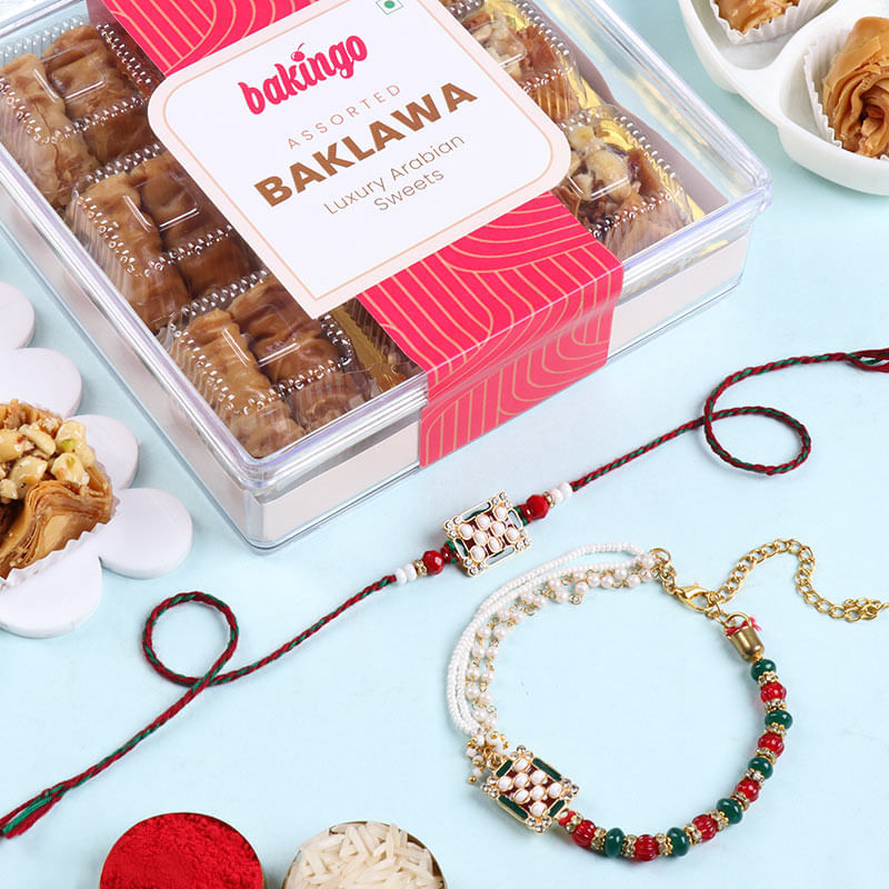 Regal Beaded Bhai Bhabhi Rakhi With Baklawa