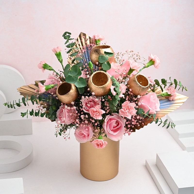 Regal Blooms In Golden Cylinder Pot