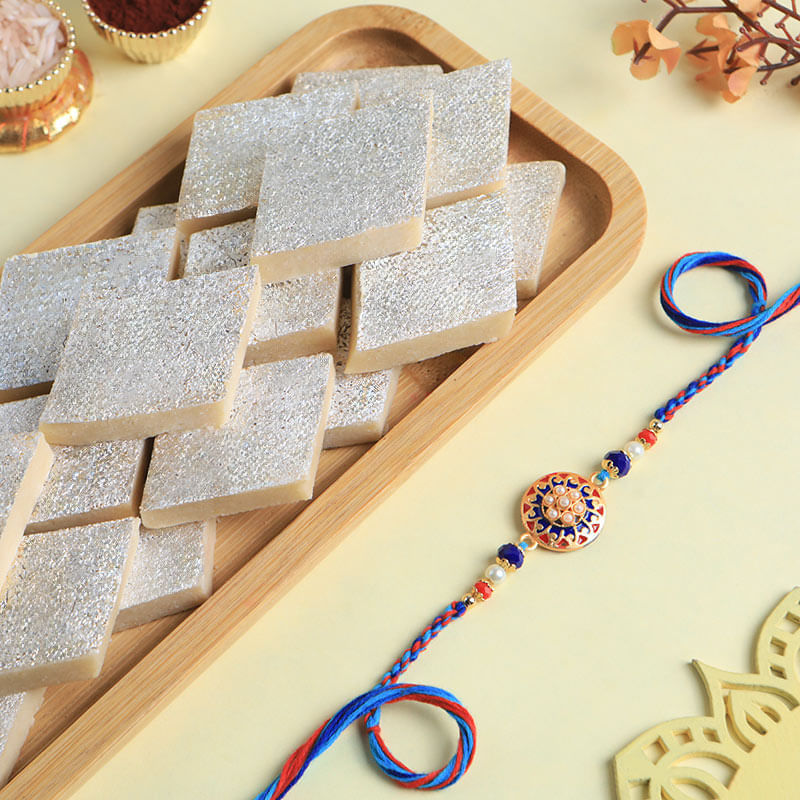 Regal Blue Rakhi With Kaju Katli