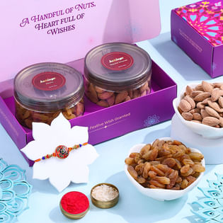 Regal Floral Rakhi With Almonds Raisins Treats