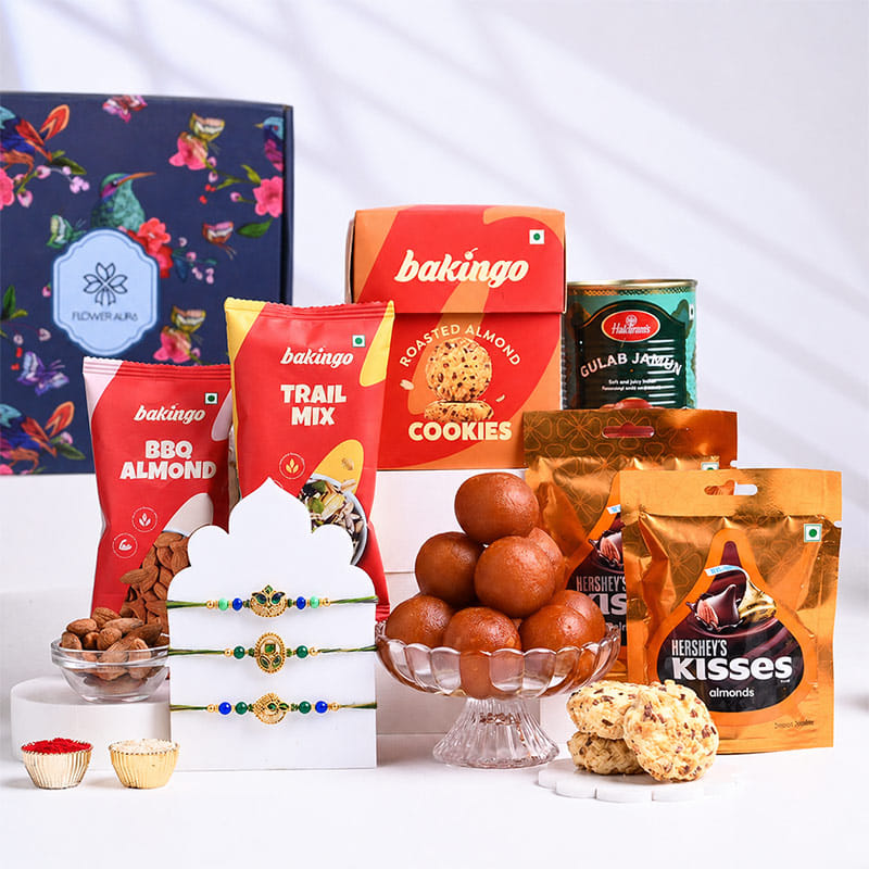 Regal Morpankh Rakhi Trio with Festive Munchies