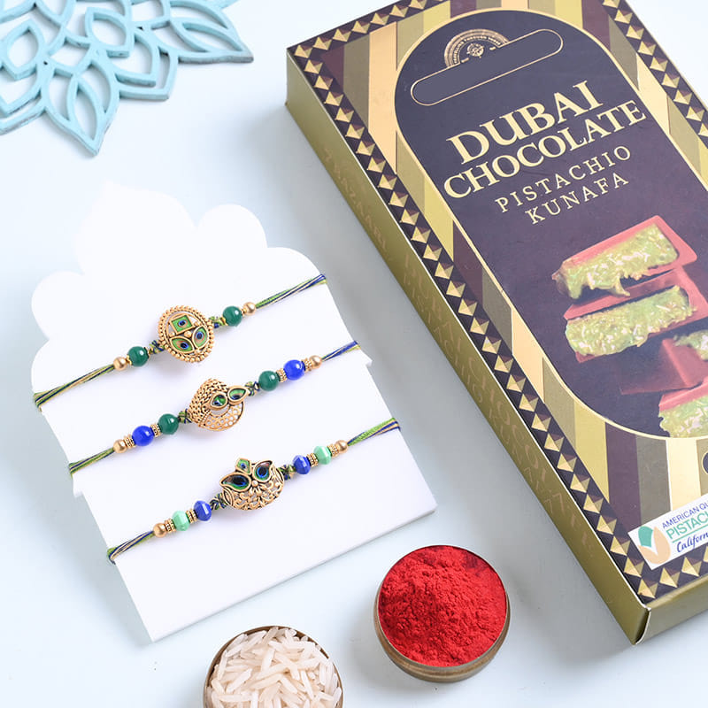 Regal Peacock Rakhi Trio N Kunafa Chocolate