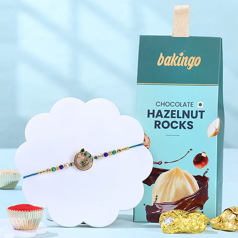 Regal Peacock Designer Rakhi with Choco Hazelnut Rocks