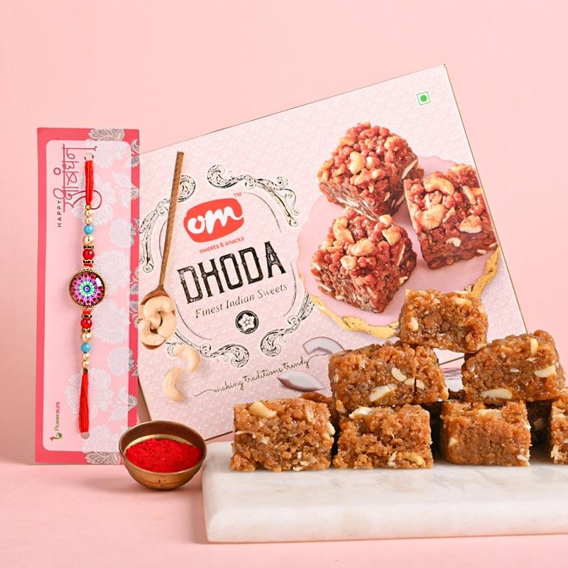 Dhoda Barfi And Resin Artwork Rakhi Combo for Brother