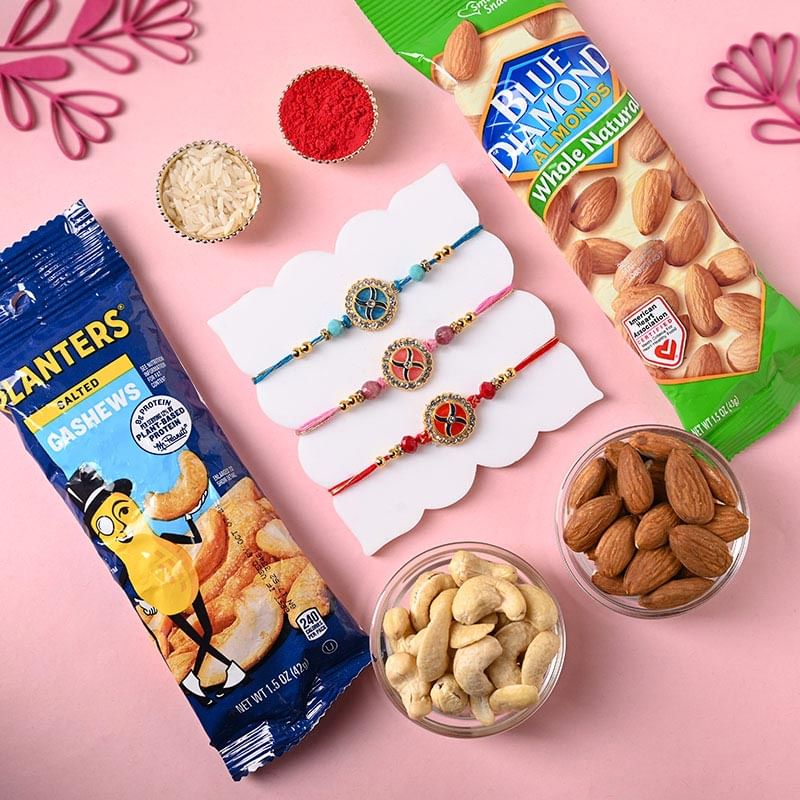 Three Rhinestone Rakhis With Almonds N Cashews