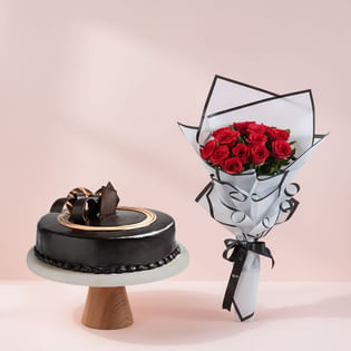 Rich Truffle Cake N Red Roses Bouquet