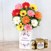 Rocher N Mix Gerberas Anniversary Combo - Bunch of 12 Mixed Gerberas with Anniversary Flower Box and Pack of 16 Ferrero Rochers