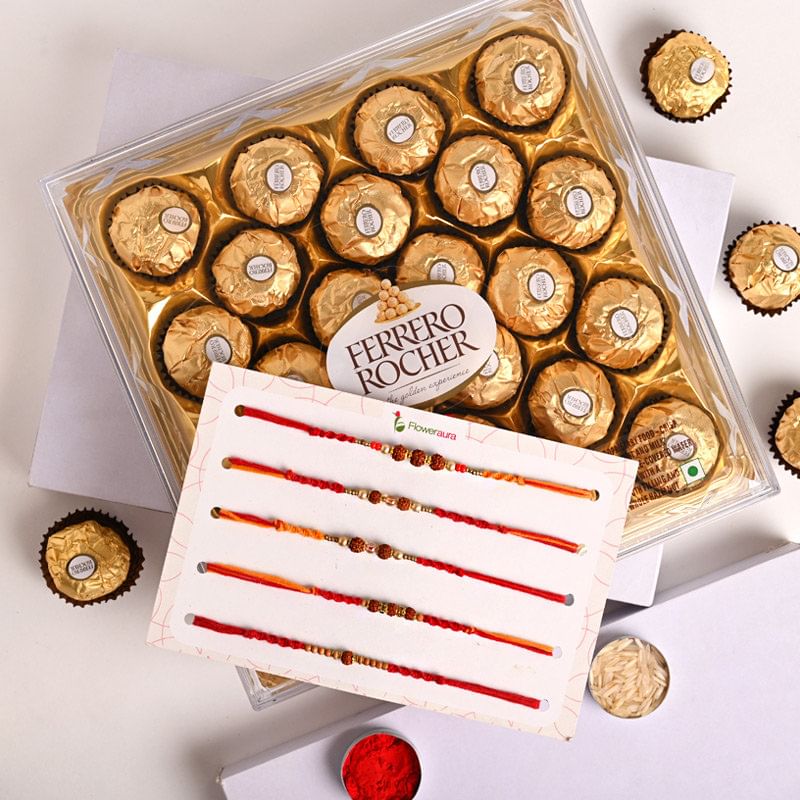 Buy Rocher With Five Rudraksha Rakhis - Rudraksha Rakhi Online