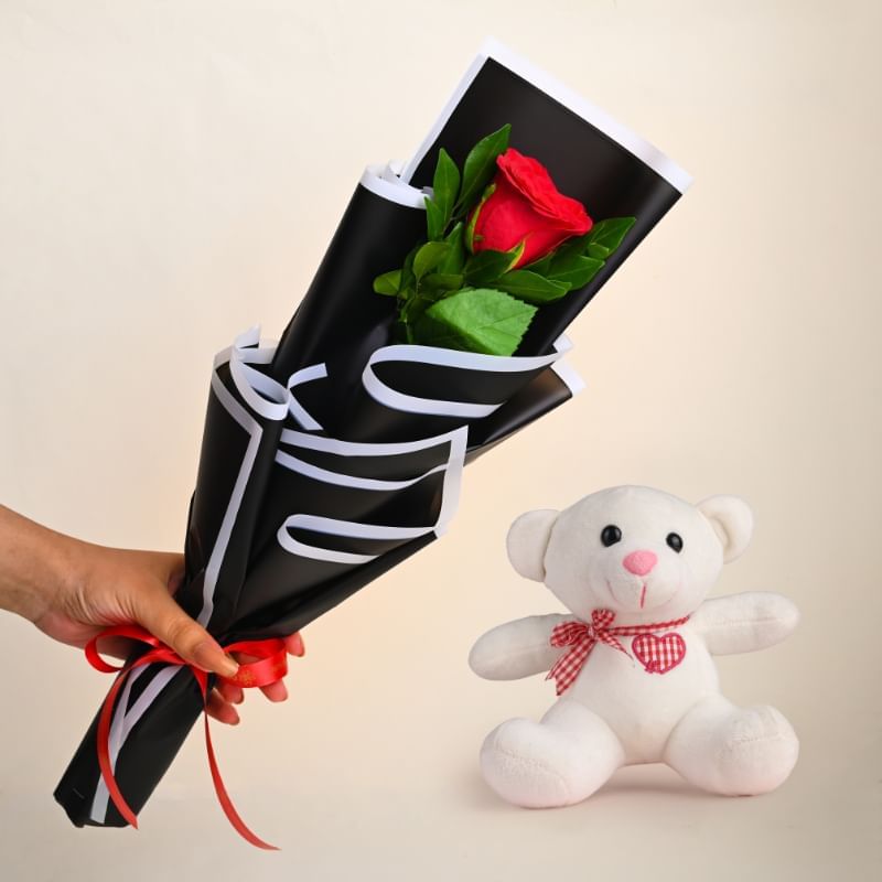 Romantic Red Rose With Plush Teddy