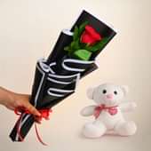 Romantic Red Rose With Plush Teddy