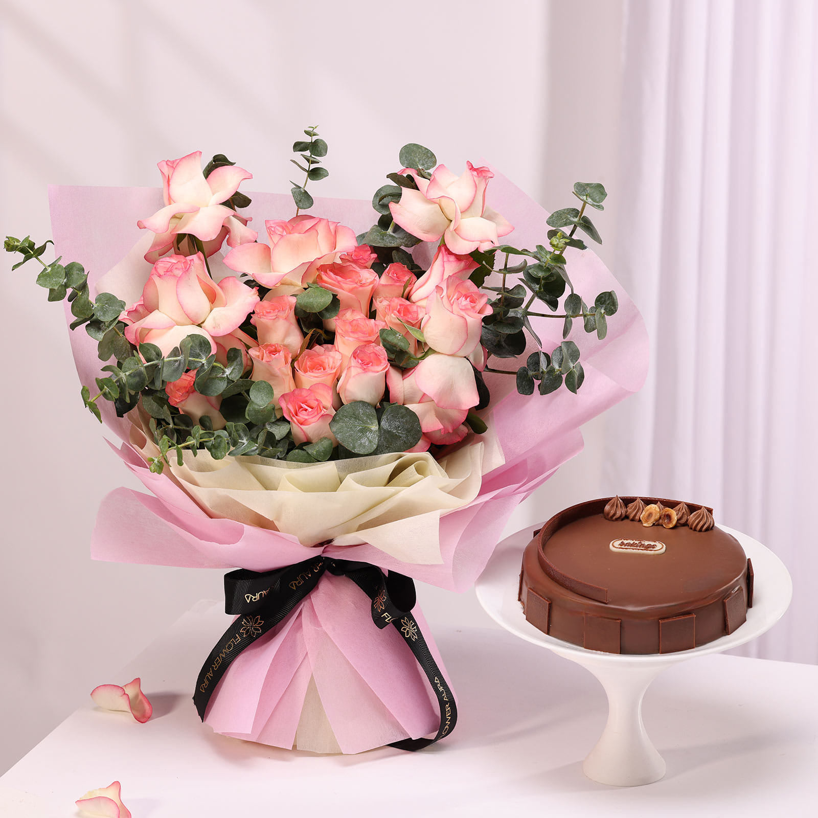 Rose Affair Bouquet N Hazelnut Praline Cake