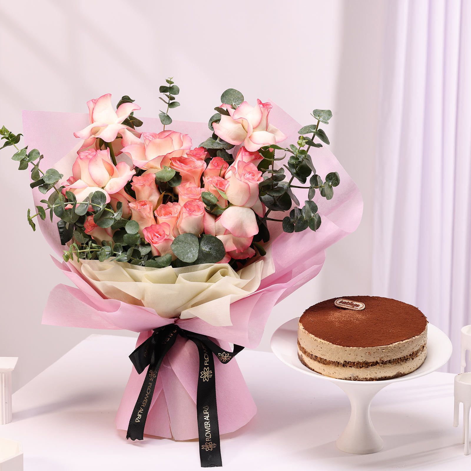 Rose Affair Bouquet N Tiramisu Cake
