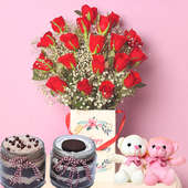 Rose Box With Jar Cakes N Teddy Bear - Bunch of 20 Red Roses with Anniversary Flower Box and Pair of Oreo and Choco Chip Jar Cakes and Two Teddies