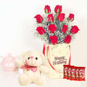 Rose Box With Kitkat N Teddy - Bunch of 12 Red Roses with Birthday Flower Box and 5 Nestle Kitkats