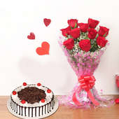 Rose Delicious Delight - Bunch of 10 Red Roses with 1 Kg Black Forest Cake