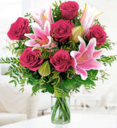 Vase Full Roses With Pink Lilies