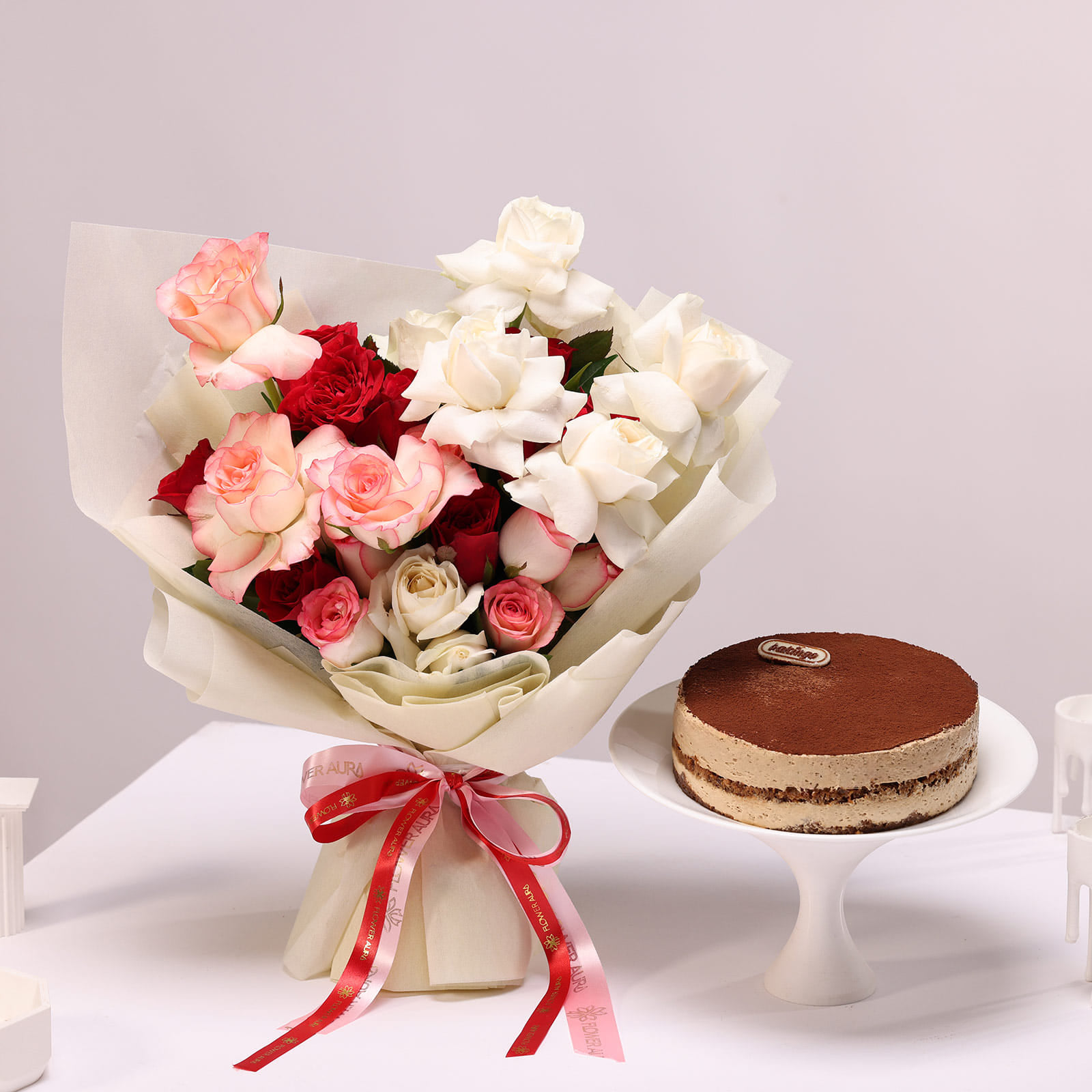 Rose Meadow Bouquet N Tiramisu Cake