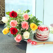 Red Velvet Jar Cake with Mixed Roses Bunch
