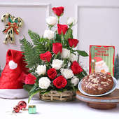 Roses Bouquet With Plum Cake Christmas Card N Santa Cap
