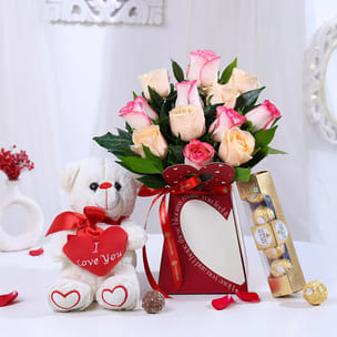 Roses In Box With Teddy N Ferrero Rocher