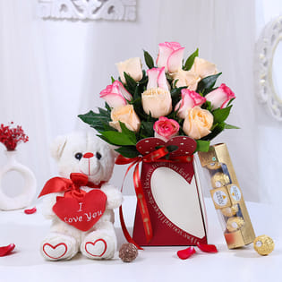 Roses In Box With Teddy N Ferrero Rocher
