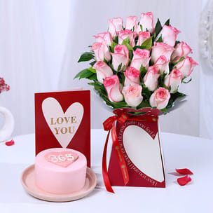 Roses In Love Box With Choco Cake N Card