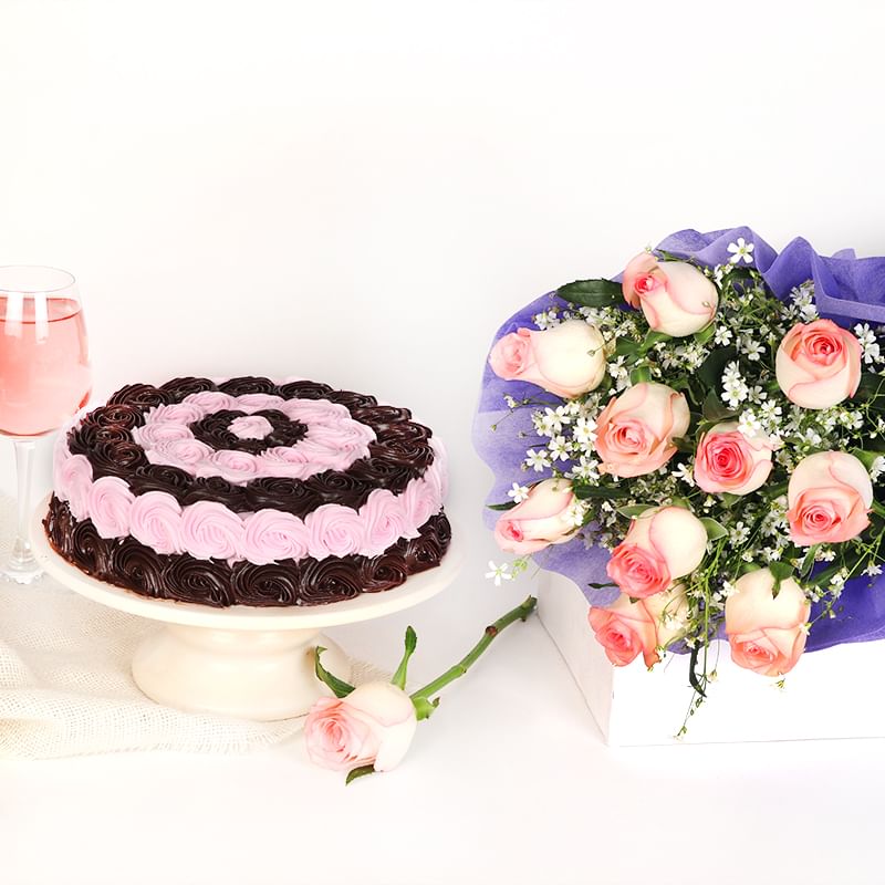 Roses N Cake Combo: Bunch of 10 Pink Roses in Purple Paper Packing