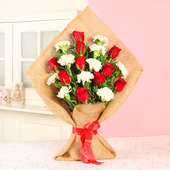 Roses N Carnation Bouquet - Bouquet of 10 Red Roses and 10 White Carnations with Jute Packing