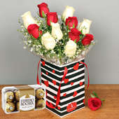 Roses N Ferrero Rocher Combo - Bunch of 12 Red and White Roses with Love Flower Box and Pack of 16 Ferrero Rochers