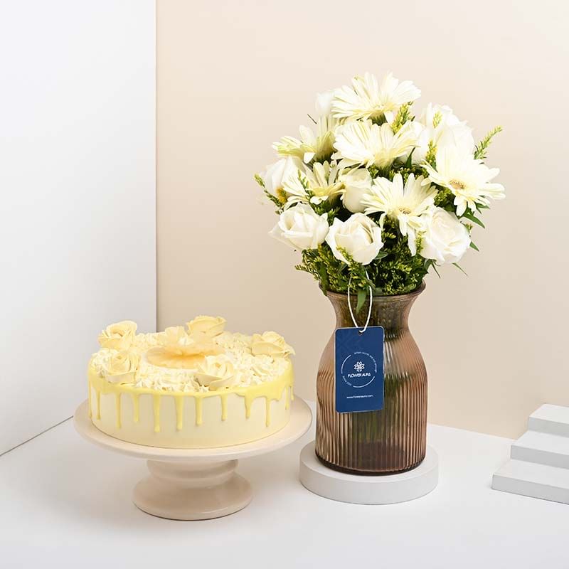 Roses N Gerberas With Dainty Pineapple Cake