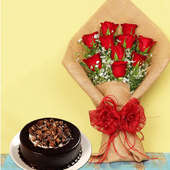 Roses N Kitkat - Bunch of 10 Red Roses in Jute Wrapping with 500gm Kitkat Cake