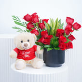Roses Pot Arragement N Love Teddy Combo