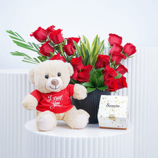 Roses Pot Arragement With Teddy N Chocolates