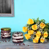 Roses With Jar Cake Combo - Bunch of 12 Yellow Roses with 2 Choco Chip Jar Cakes