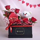 Roses With Teddy Bear N Chocolates In Box