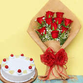 Rosey Pineapple Combo - Bunch of 10 Red Roses in Jute Wrapping with 500gm Pineapple Cake
