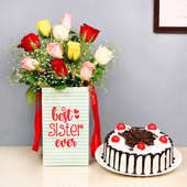 Rosy Cake Indulgence Combo - 10 Mixed Roses in Floral Box for Sister 0.5 Kg Blackforest Cake