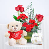 Rosy Carnations With Teddy N Choco Box