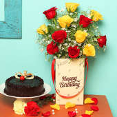 Roses Bunch in Birthday Flower Box with Chocolate Cake